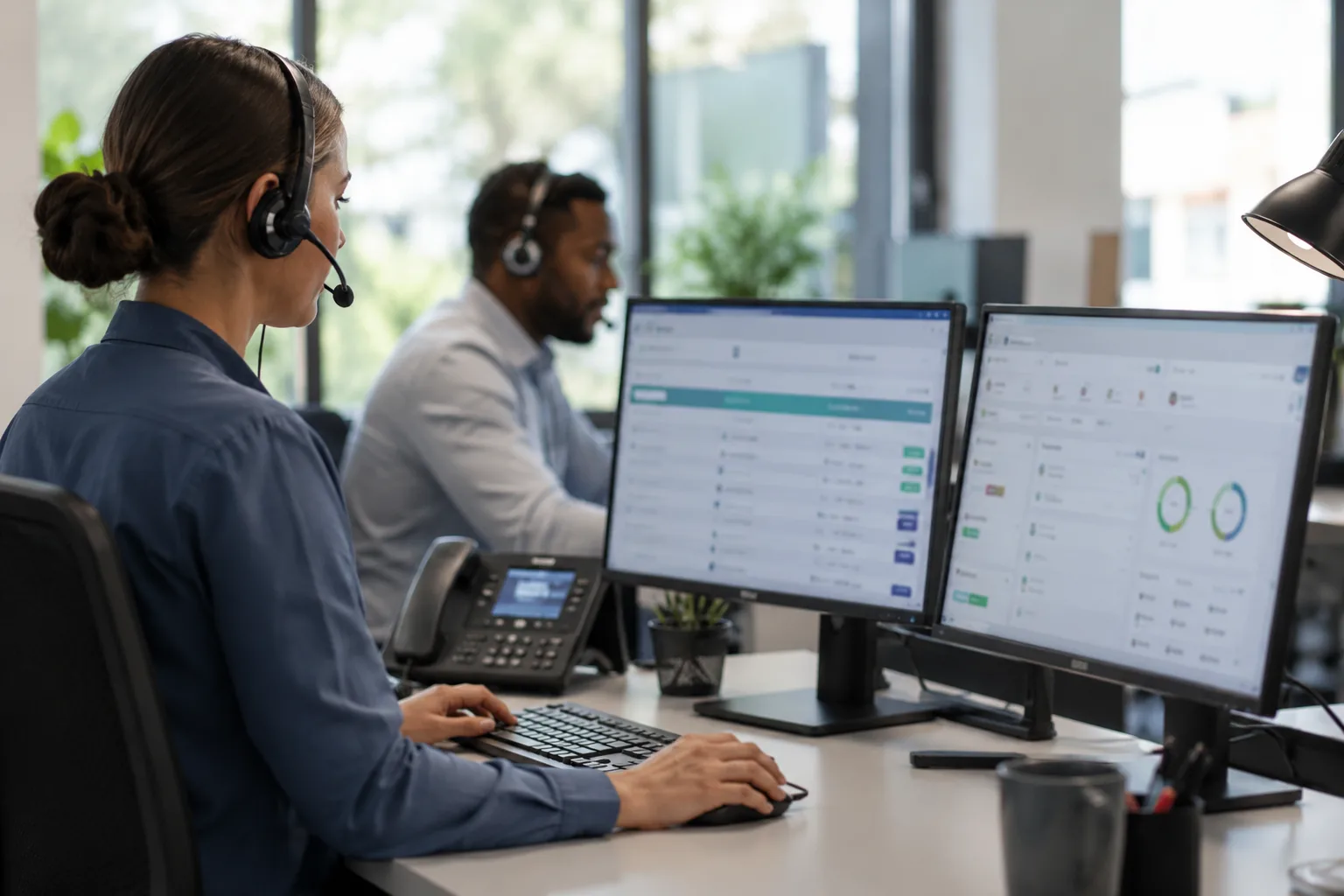 Call-routing and operations team working at multi-screen desks