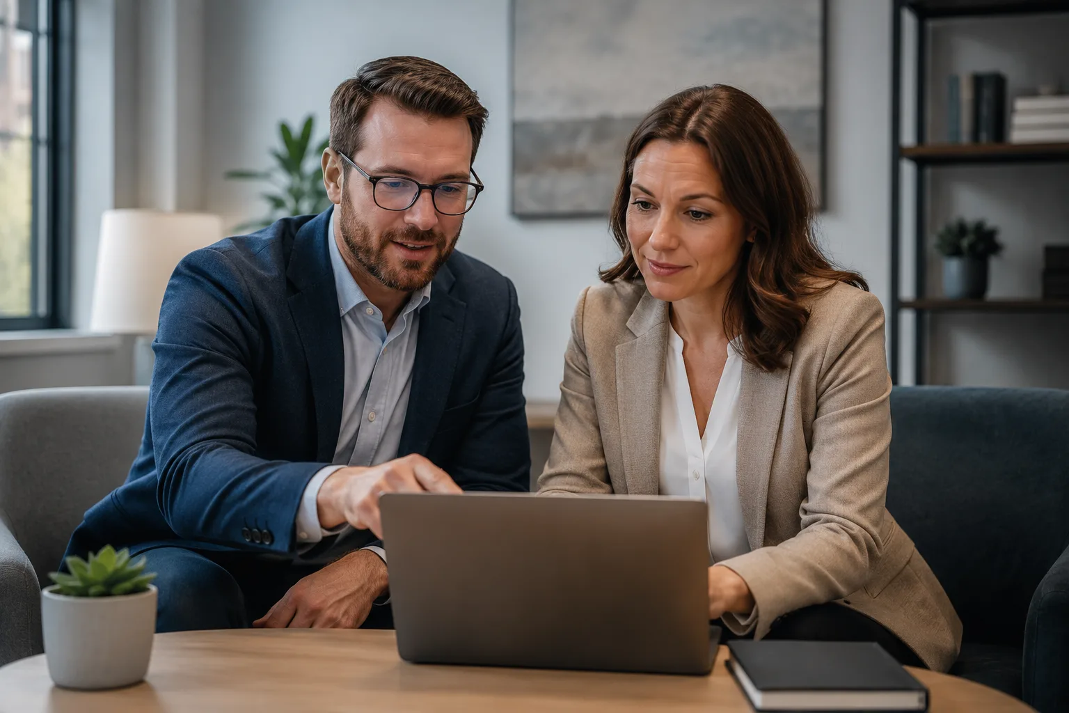 Two professionals reviewing inbound-call program details together