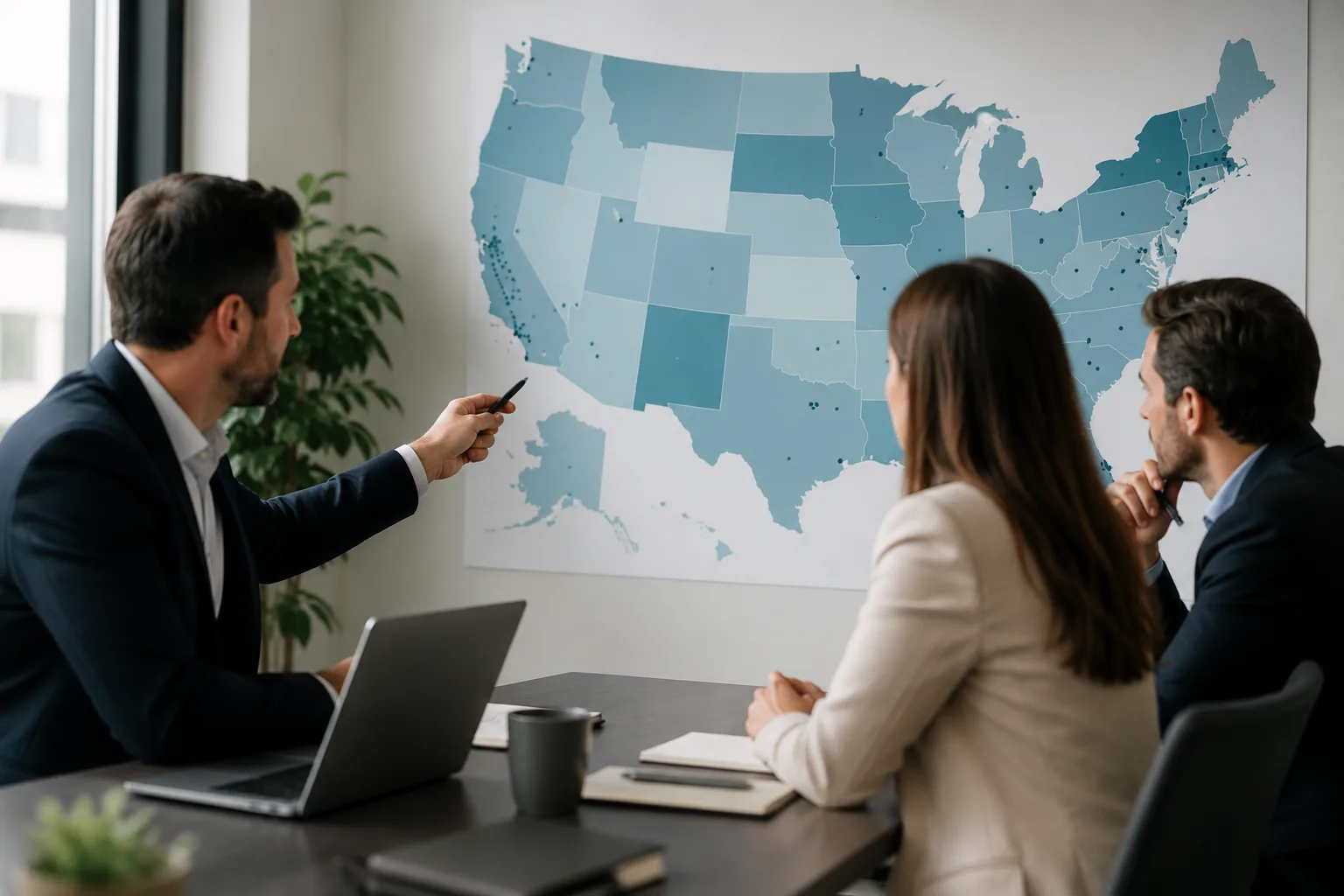Team reviewing treatment call coverage across the United States